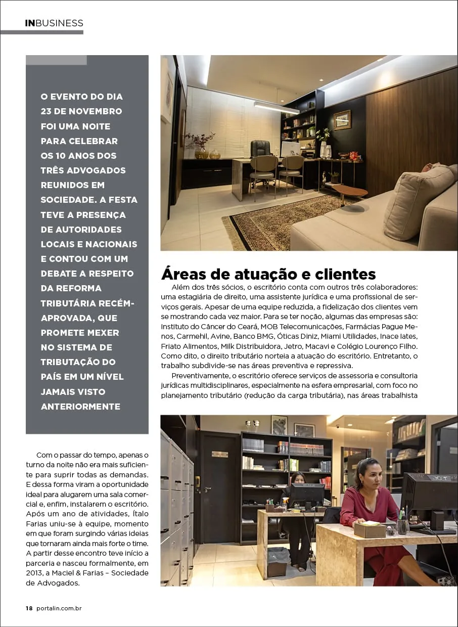 Página 18: áreas de atuação, clientes e o evento de 10 anos da sociedade